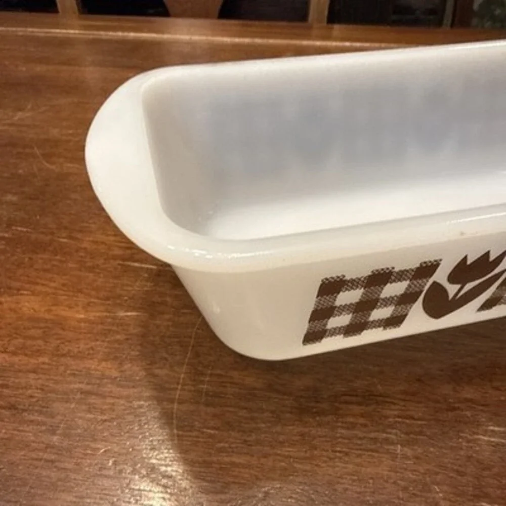 Vintage Glasbake 5x9  White Milk Glass Loaf Pan Brown Gingham Tulips